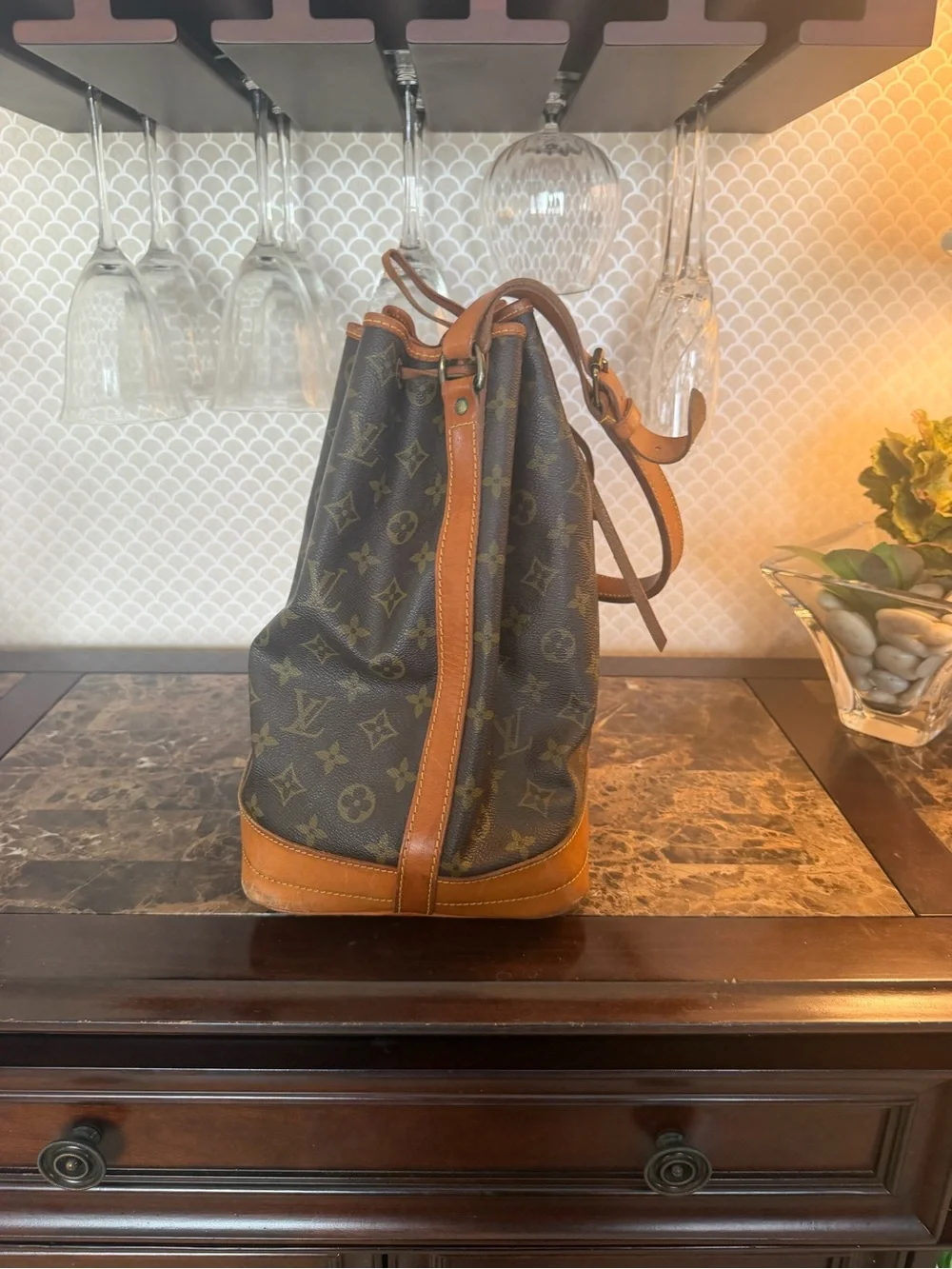 Louis Vuitton Monogram Drawstring Bucket Bag in Brown and Tan